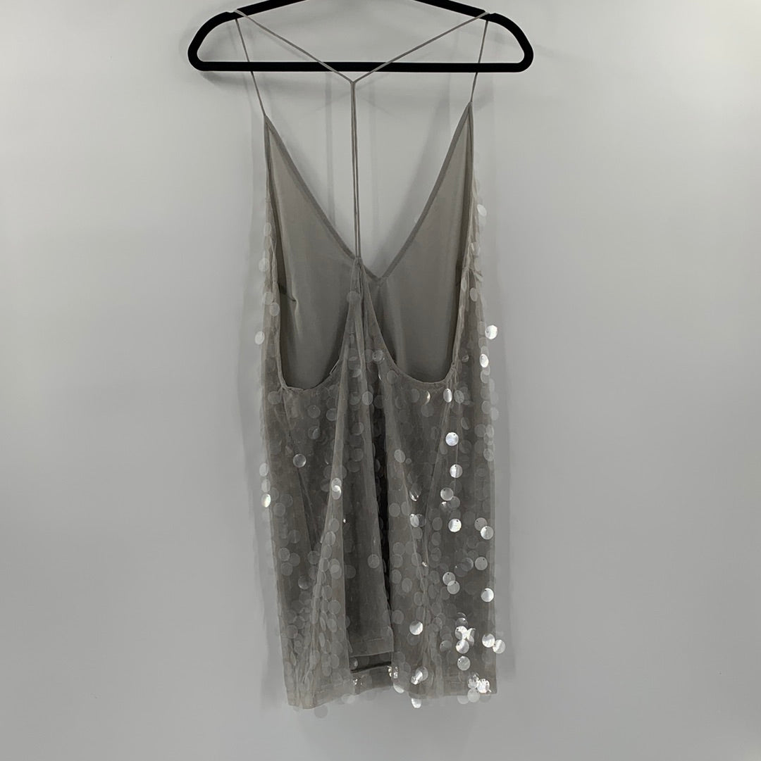 Motel Urban Outfitters - Grey Transparent Sequin Disk Midi Dress (Size Large)