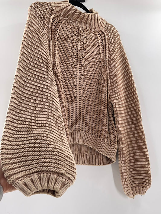 Free People Sweetheart Sweater Chunky Rib Knit Mock Neck Pullover Tan (Size Medium)