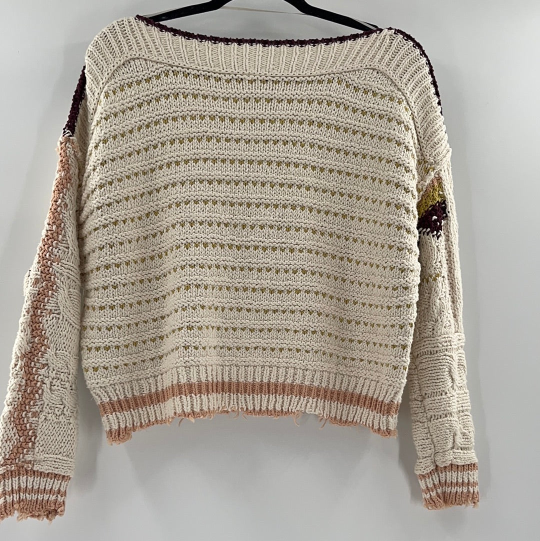 Free People Distressed Cropped Sweaters Cream With Burgandy Mustard and Pink Details (Size XS)