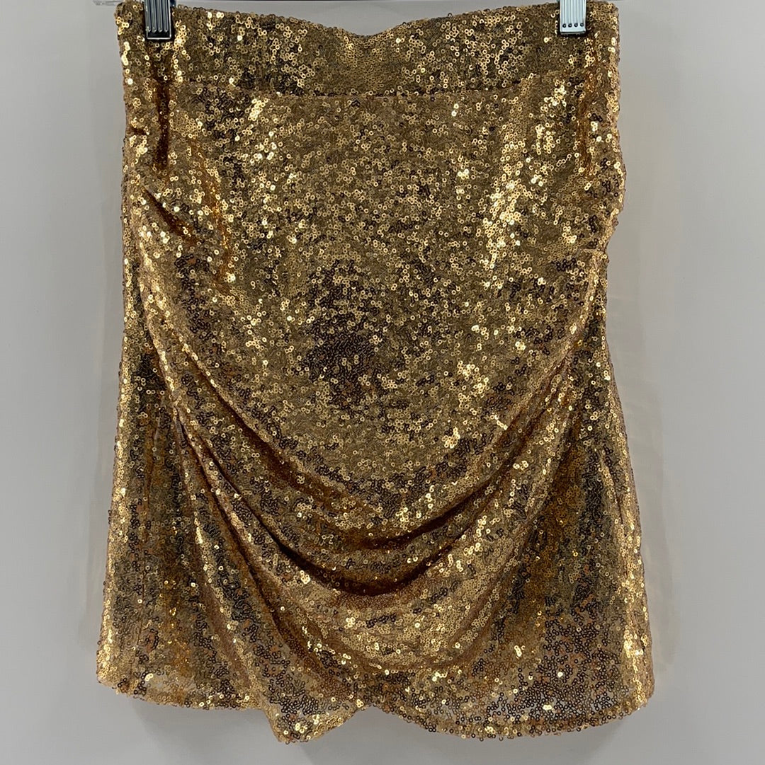Free People Sparkly Gold Sequin Mini Skirt Ruched Side (Size Medium)