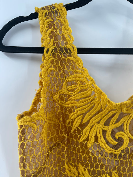 Golden Yellow Embroidered Overlay Dress (Sz4)