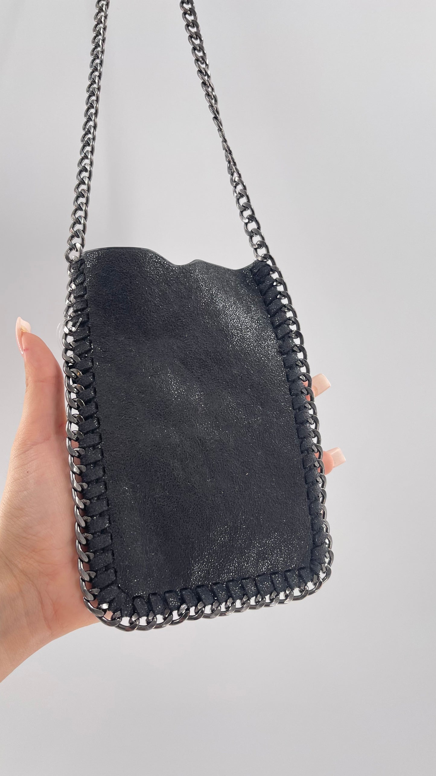 Metallic Black Leather Chain Lined Phone Pouch