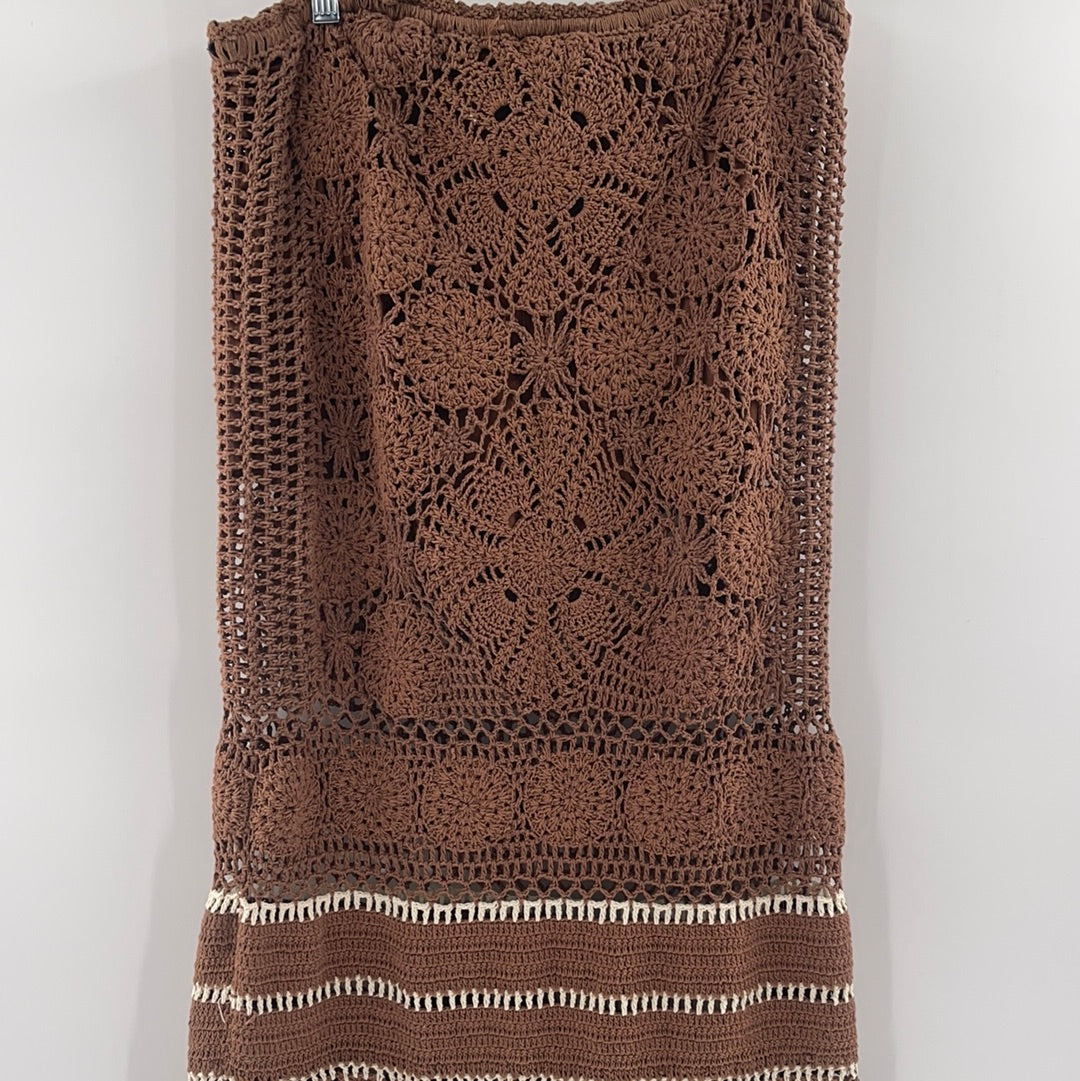 Free People Brown Short with  Flowered Crochet Long Skirt (Size L)