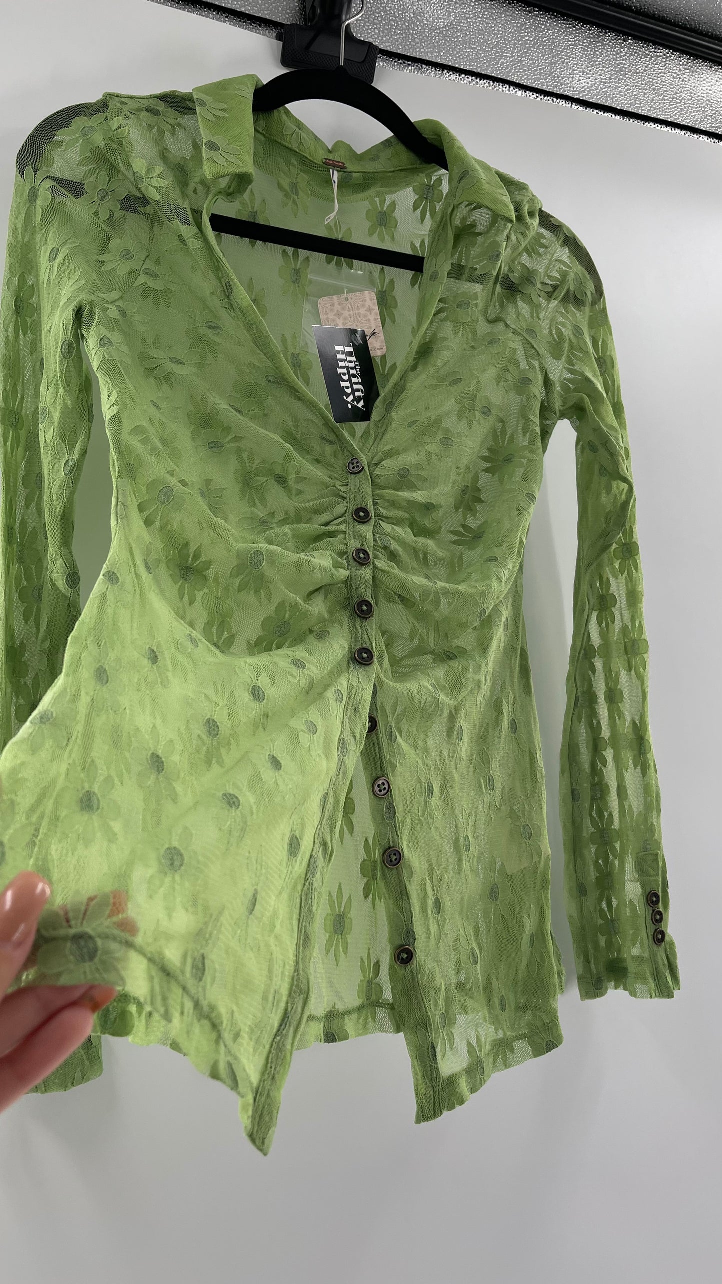 Free People Flower Fields Green Lace Collared Button Up (Small)