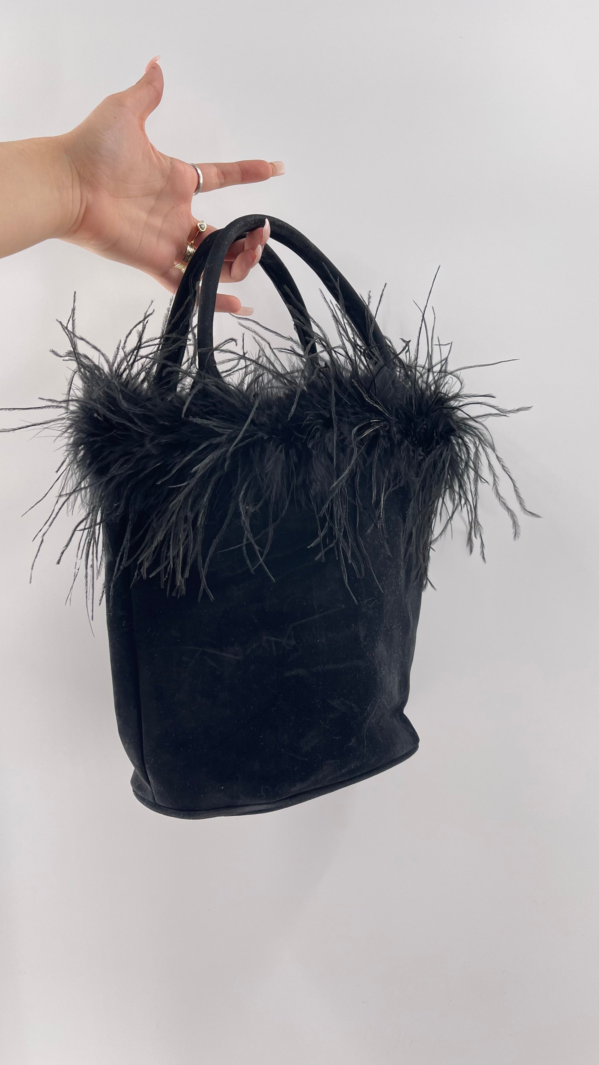 Ostrich Feather Bucket Bag | Black Blush | Mini