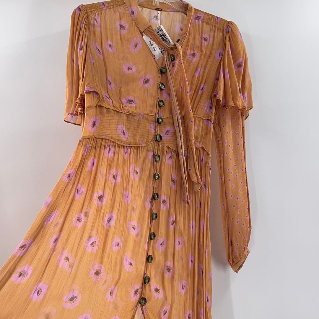 Free People Organza Mustard With Floral Long Sleeve Front Buttons Details Maxi Dress (Size M)