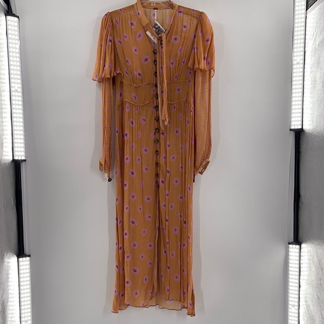 Free People Organza Mustard With Floral Long Sleeve Front Buttons Details Maxi Dress (Size M)