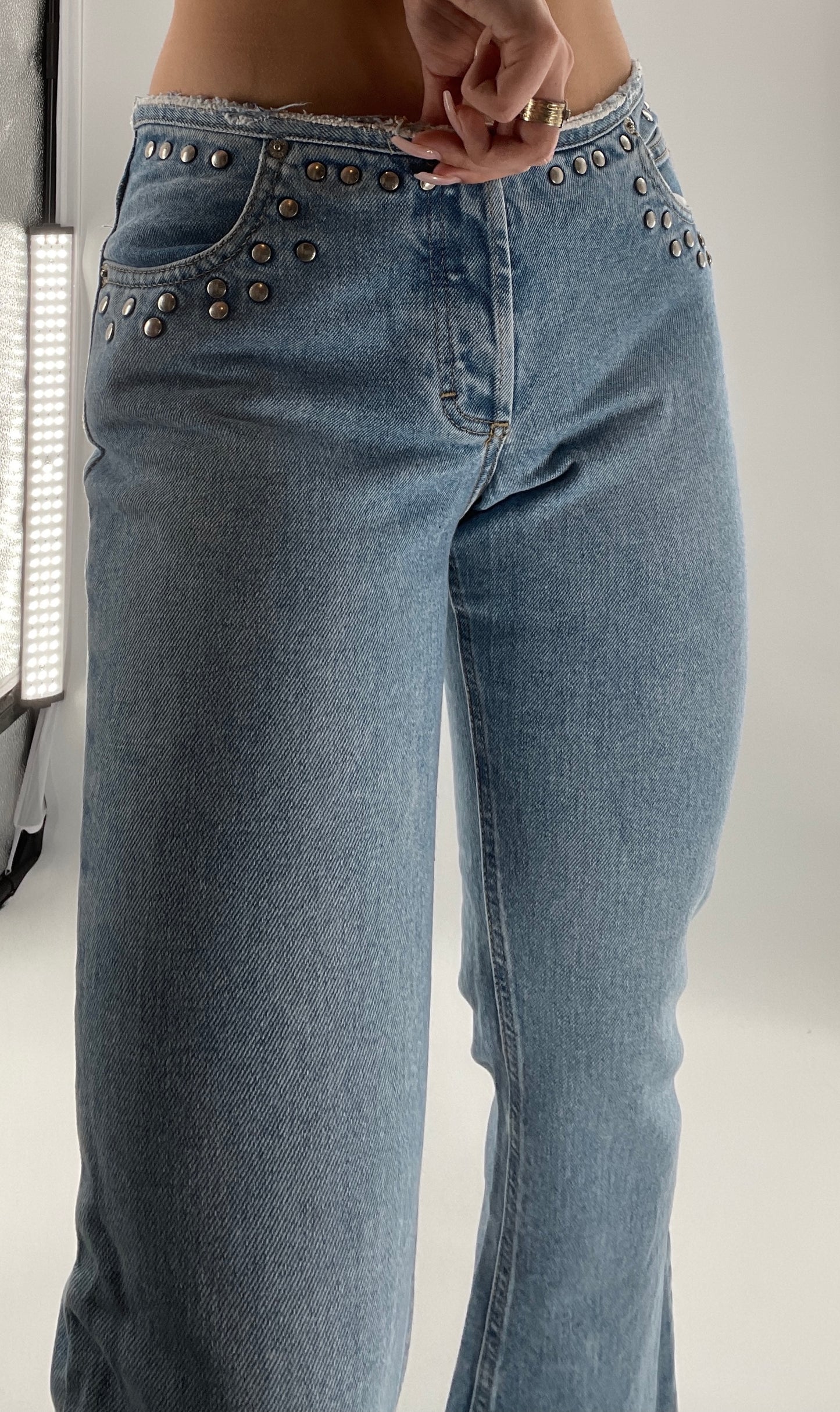 Vintage Mudd Light Wash Studded Jeans with Frayed Waistline (9)