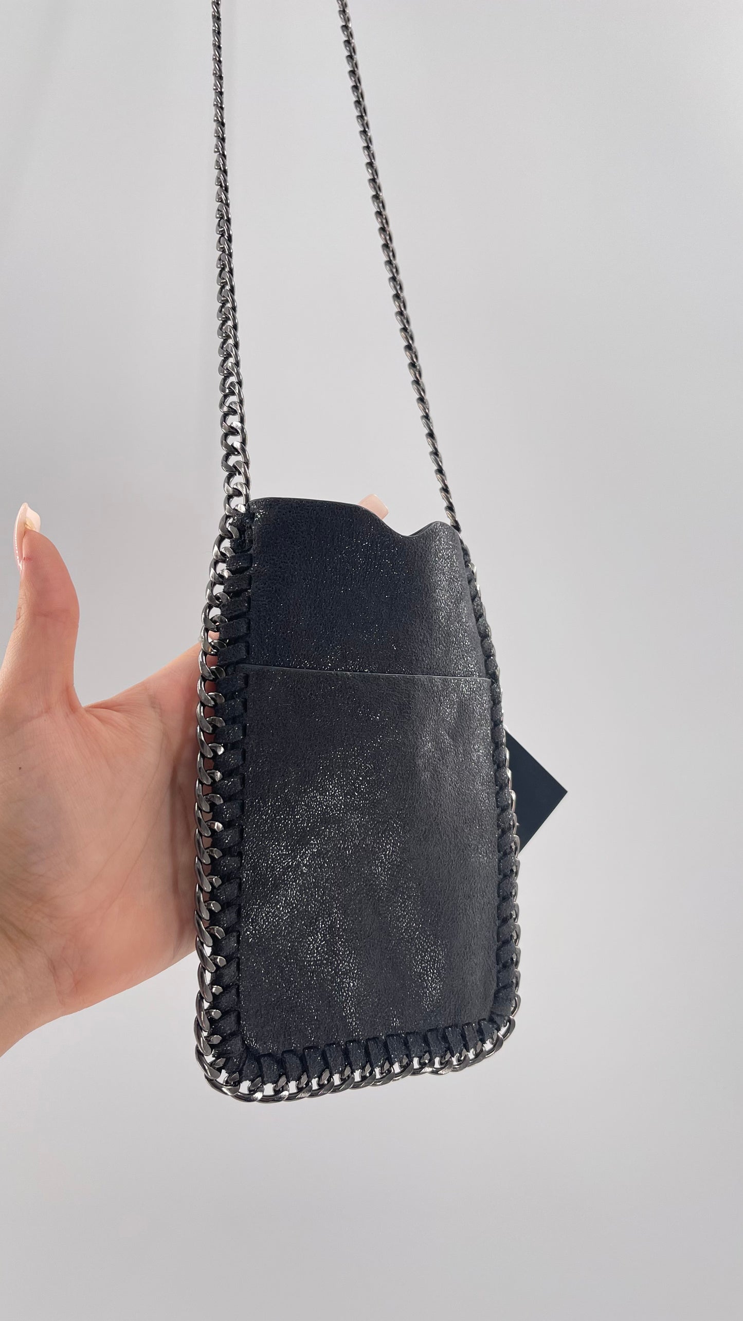 Metallic Black Leather Chain Lined Phone Pouch