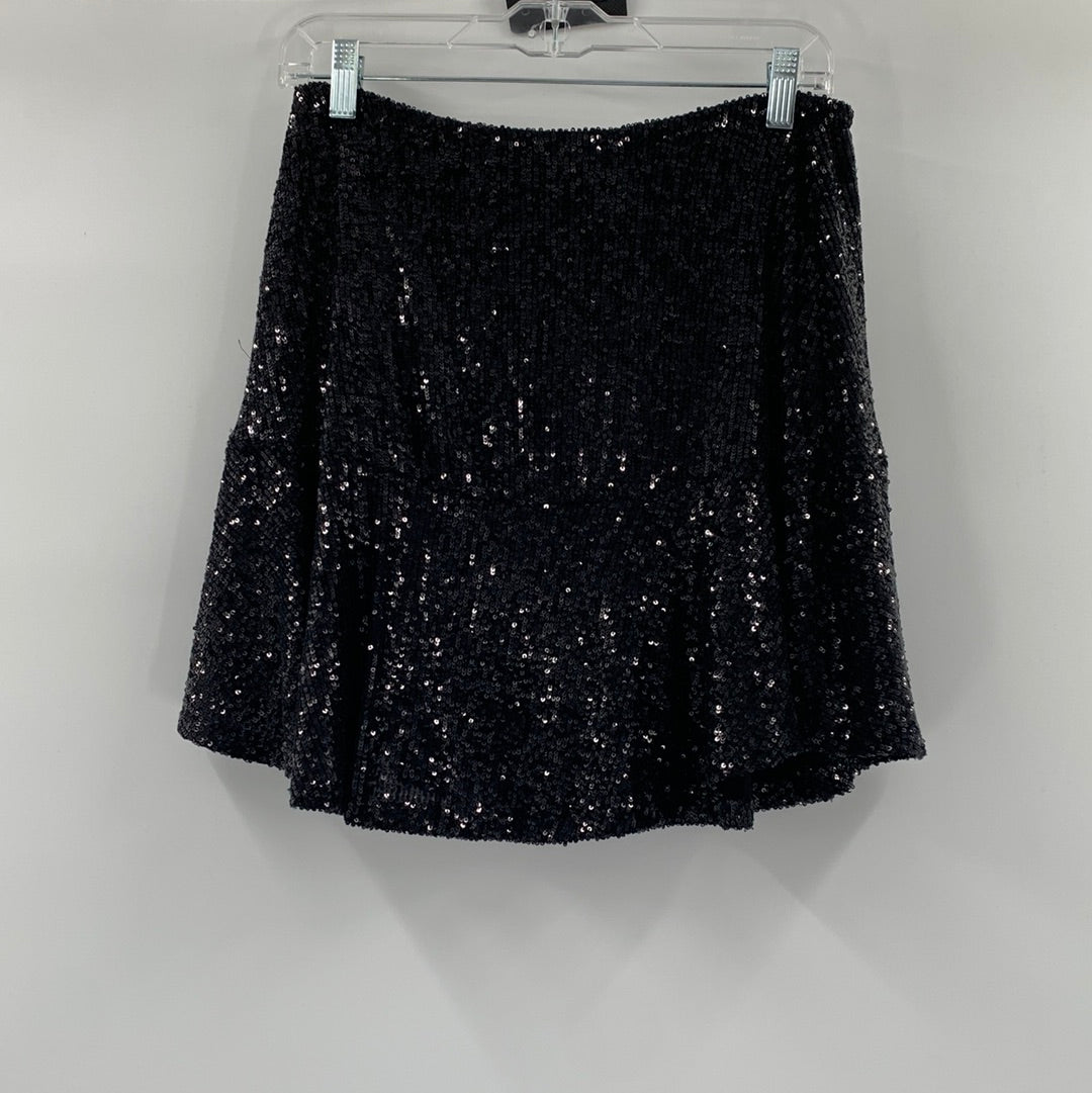 Free People Black Sequin Flare Mini Skirt (Size Medium)