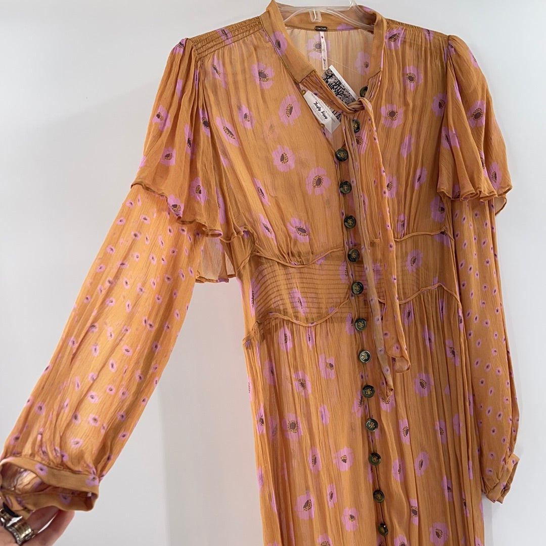 Free People Organza Mustard With Floral Long Sleeve Front Buttons Details Maxi Dress (Size M)