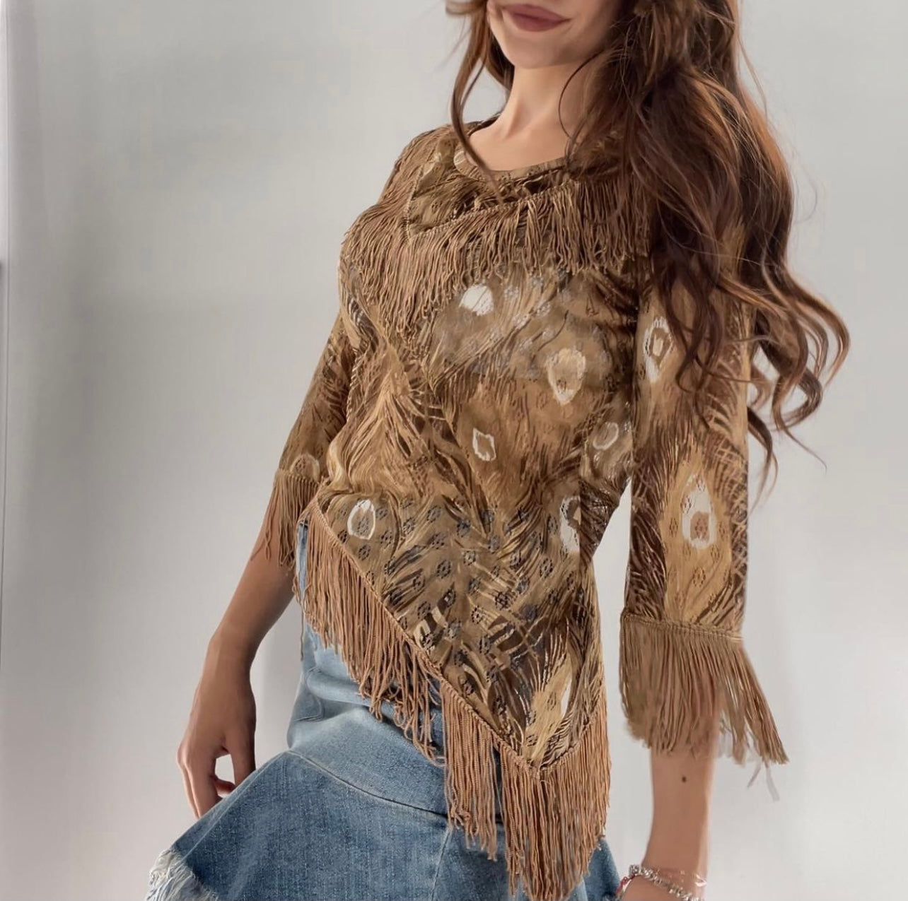 Vintage Tan Asymmetric Fringe Top (S)