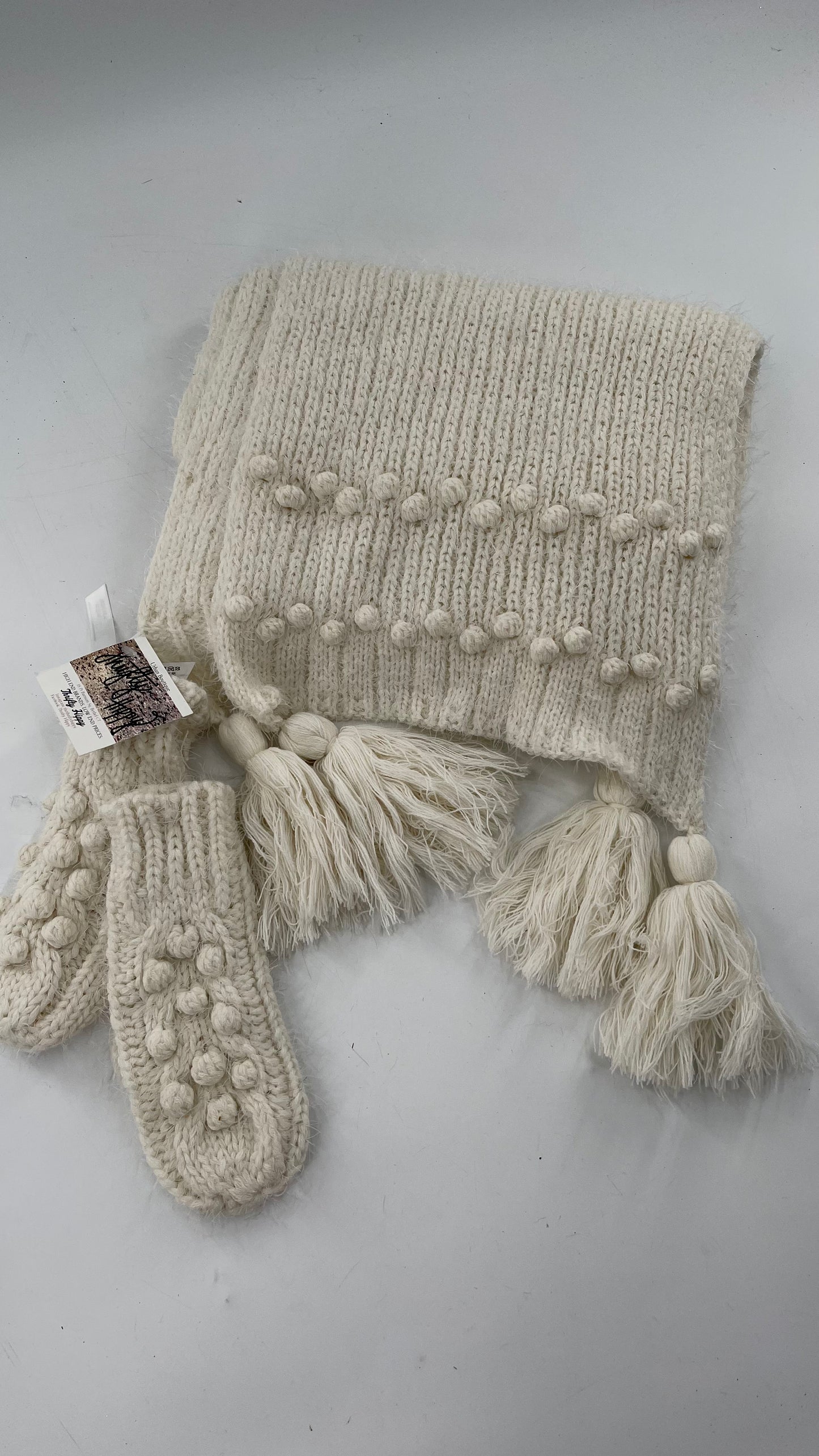 Free People White Knit Scarf and Mitten Set
