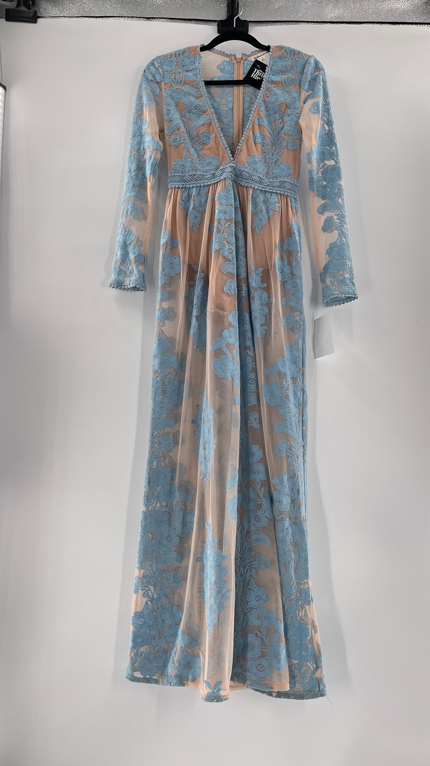 For Love and Lemons Powder Blue Embroidered Temecula Maxi Dress