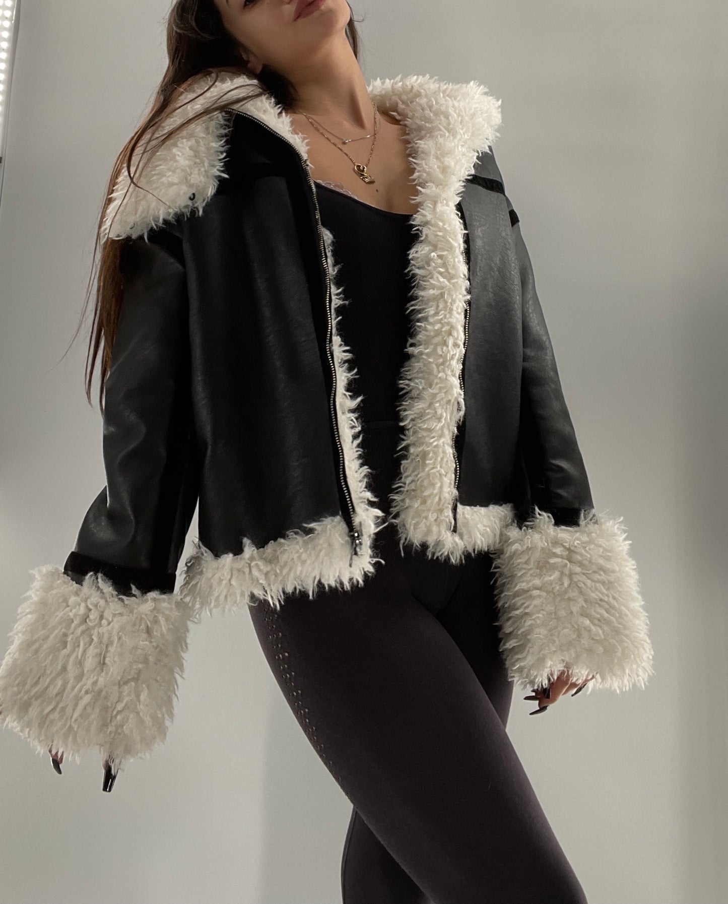 LIONESS Phoenix Jacket Black Faux Leather White Fur Trim (XS)