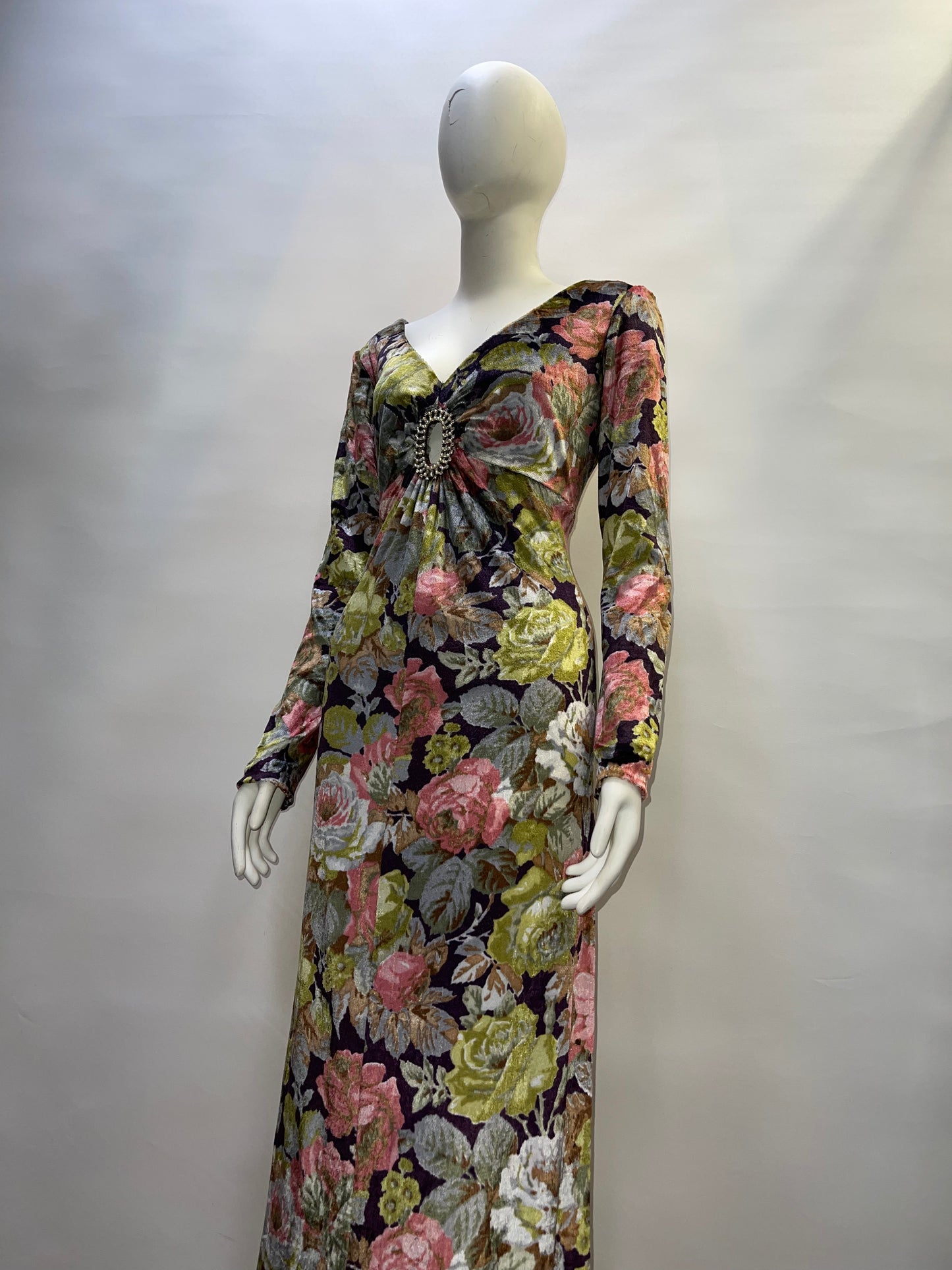Workers Union (Vintage) Handmade Flowered Velour With Rhinestone Broche Maxi Dress (Sized M)