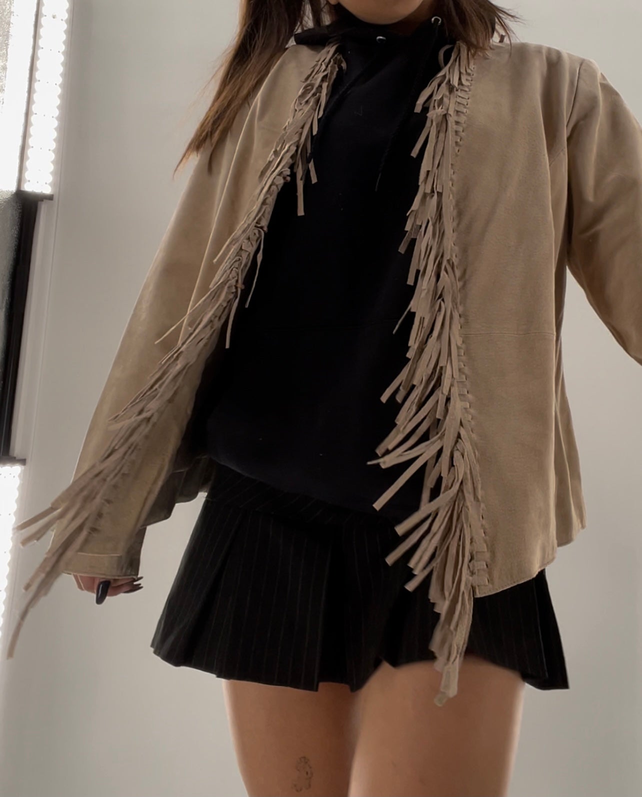 DIALOGUE Vintage Beige Suede Fringe Jacket (Large)