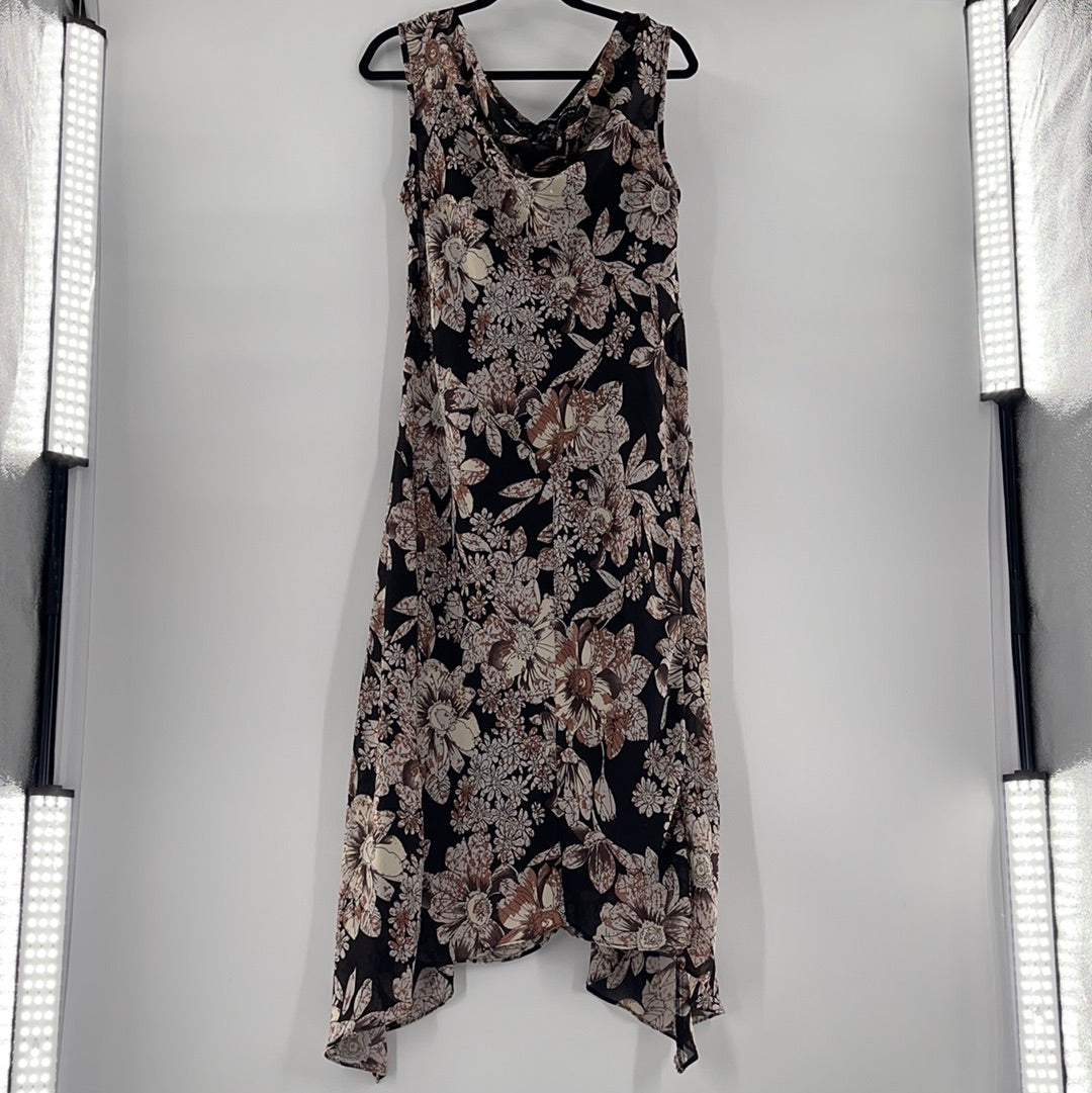 Mlle Gabrielle Black Flowered Sleeveless Voile Maxi Dress (Size L)