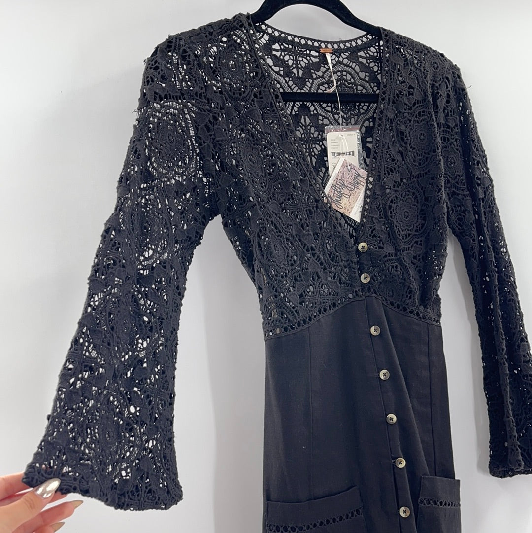 Free People Black Linen + Lace Dress (XS)