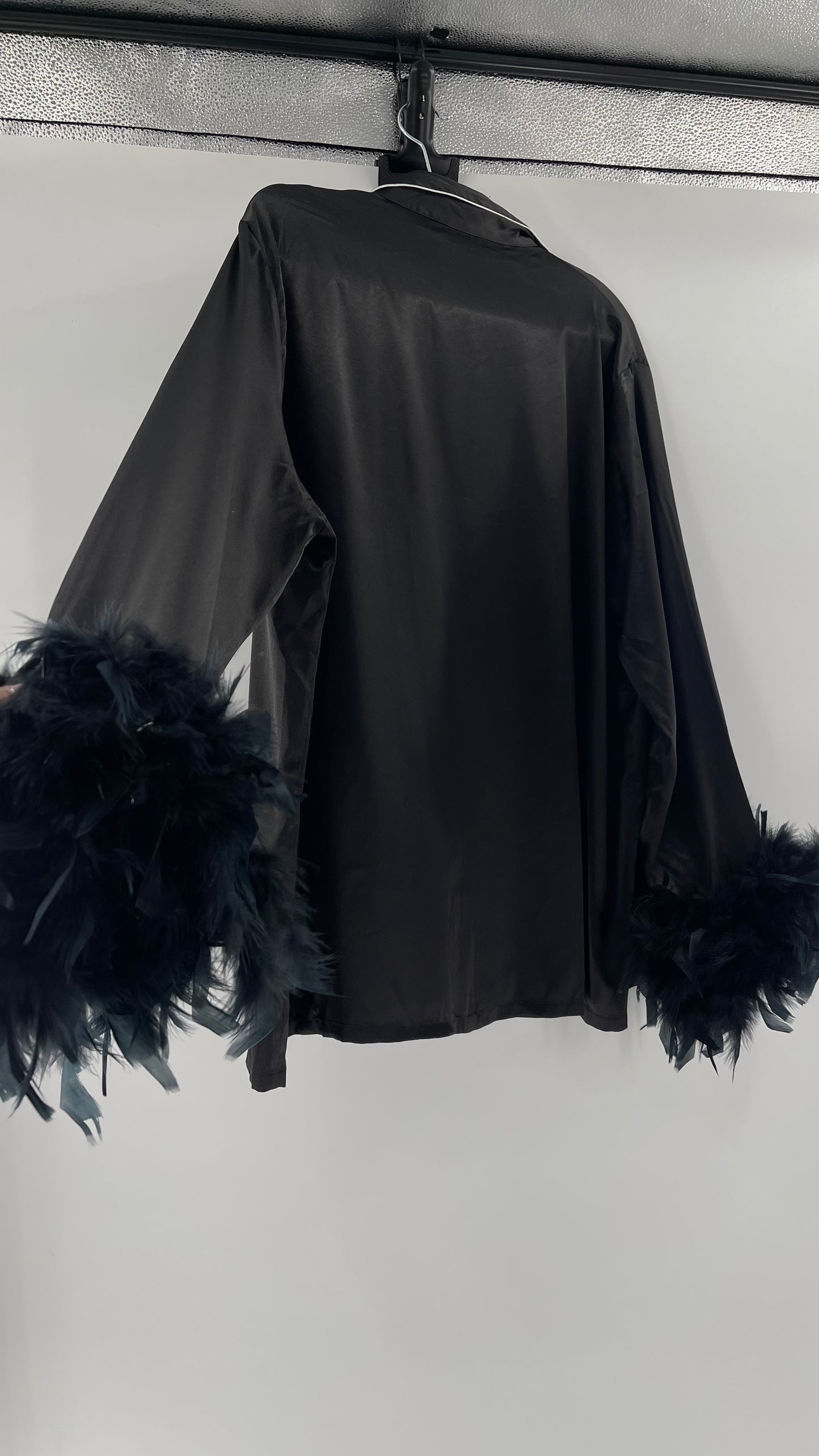 Lonxu Black Satin Pijama Top with Ostrich Feather Cuffs (XXL)