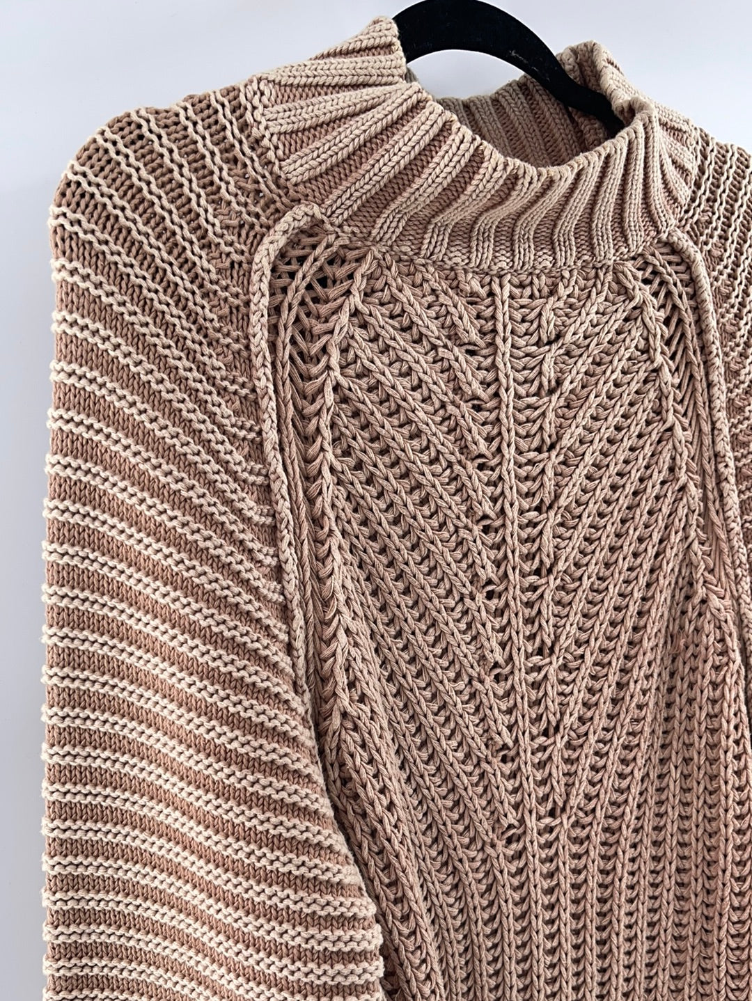 Free People Sweetheart Sweater Chunky Rib Knit Mock Neck Pullover Tan (Size Large)