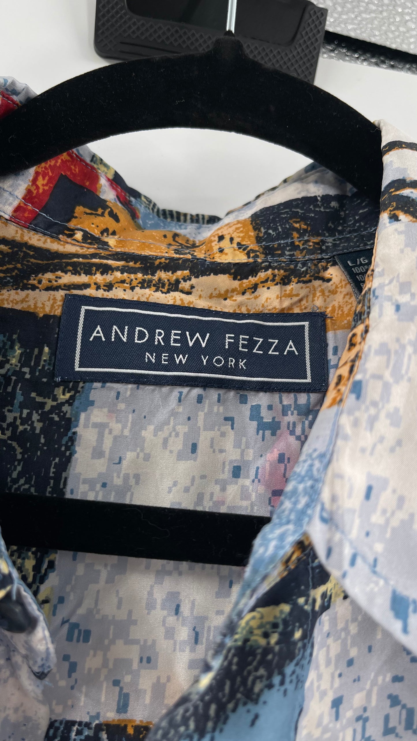 Vintage Andrew Fezza 100% Silk Graphic Button Up (Large)