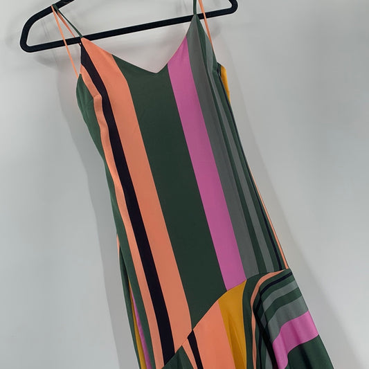 Lost Wander - Anthropologie Satin Sleeveless Spaghetti Straps Stripped Asymmetrical Hem Maxi Dress (Size XS) - With Tag -