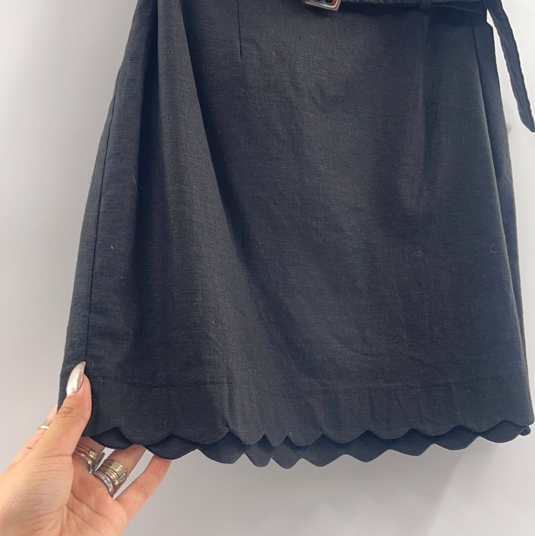 Urban Outfitters Black Linen Mini Skirt With Belt and Scalloped Hem(Size M)