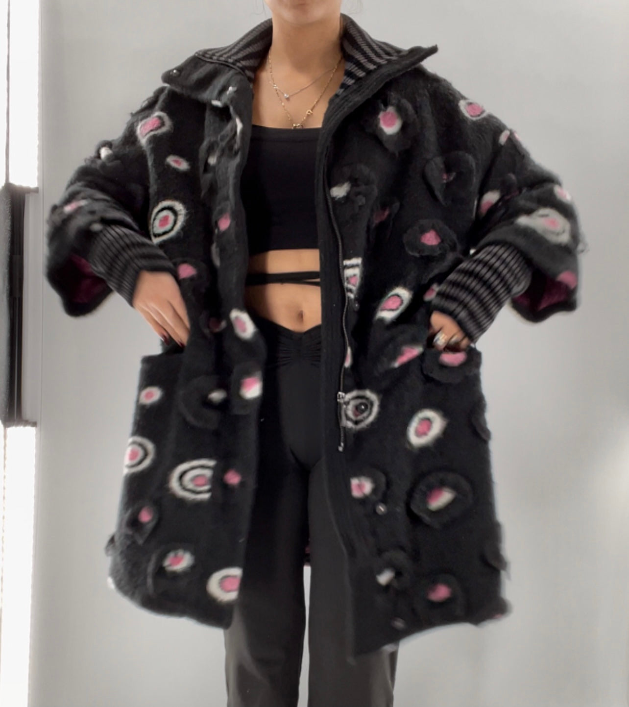 Rara Arvis Black + Pink Textured Circle Pattern Coat