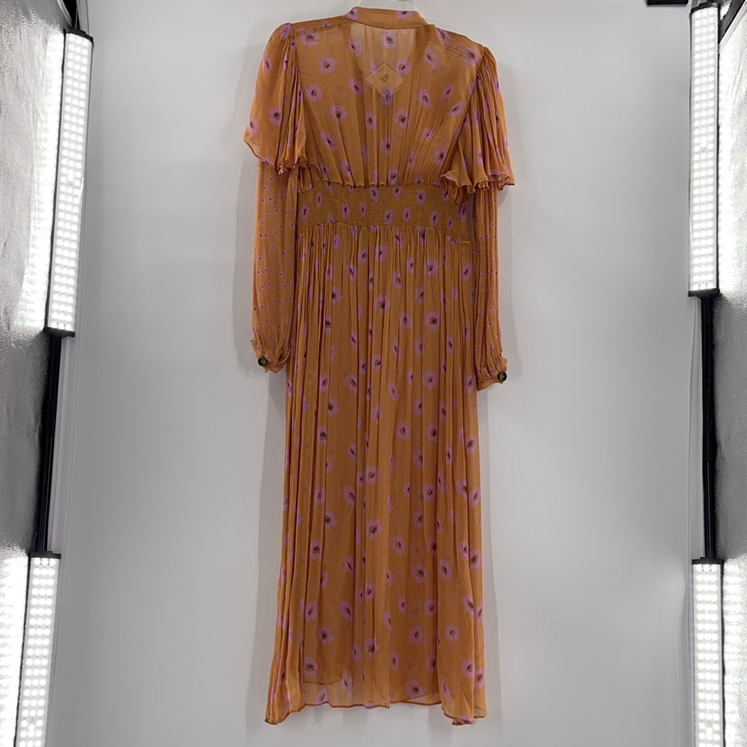 Free People Organza Mustard With Floral Long Sleeve Front Buttons Details Maxi Dress (Size M)