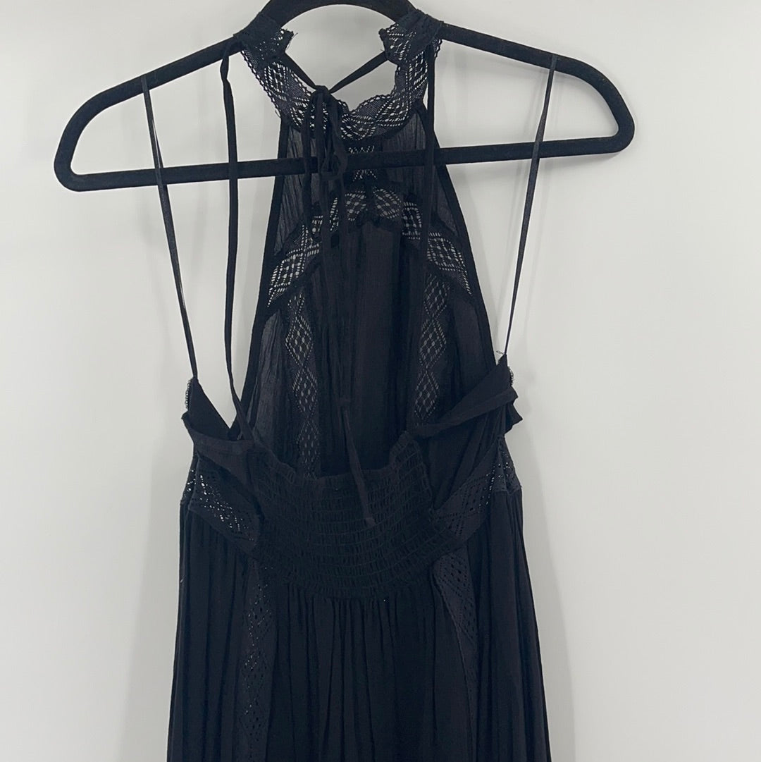 Free People Intimately Mini Black Dress Backless Halter with Lace Details (Size S)
