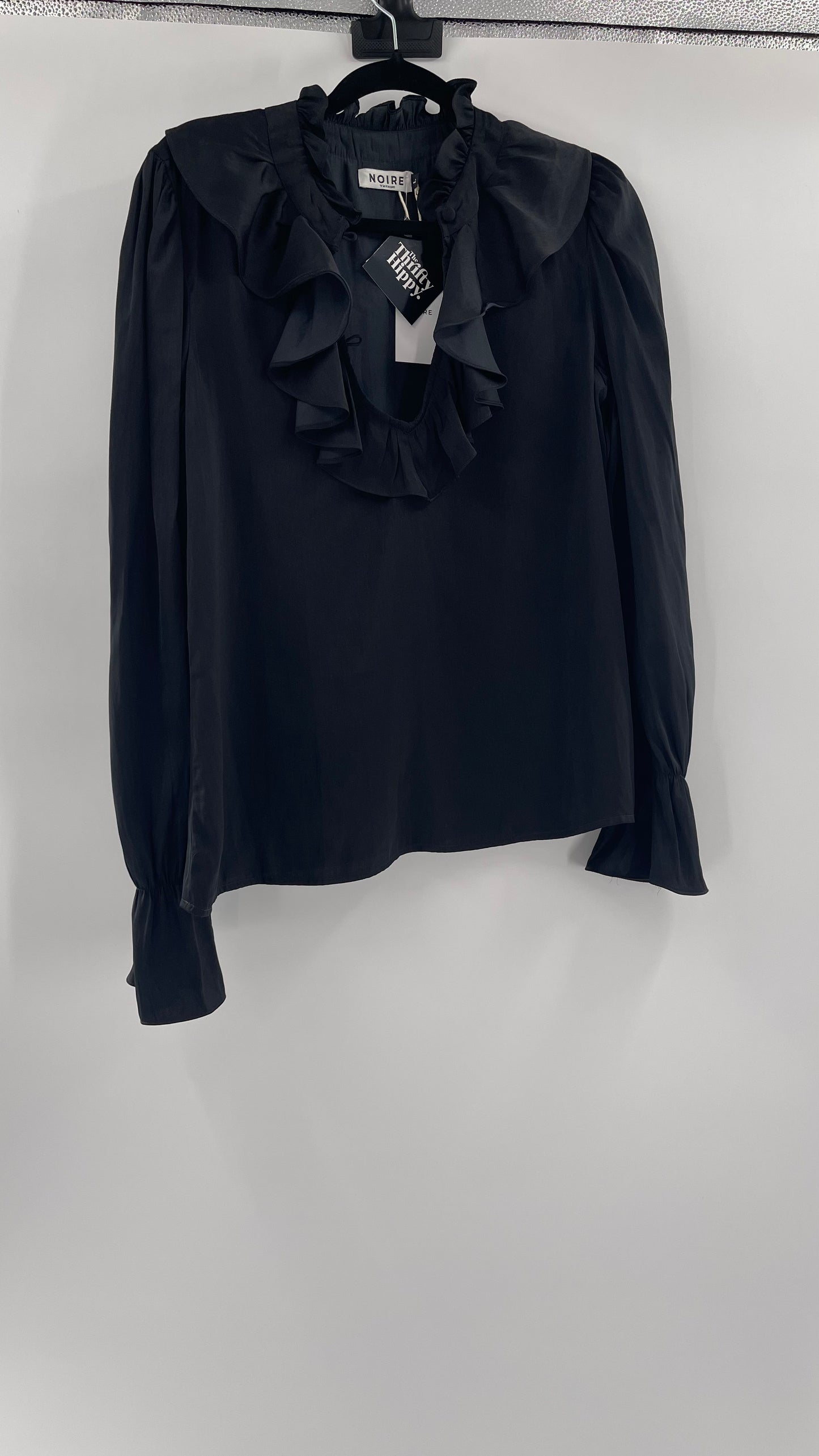 NOIRE Black Satin Ruffled Neckline Blouse (Large)