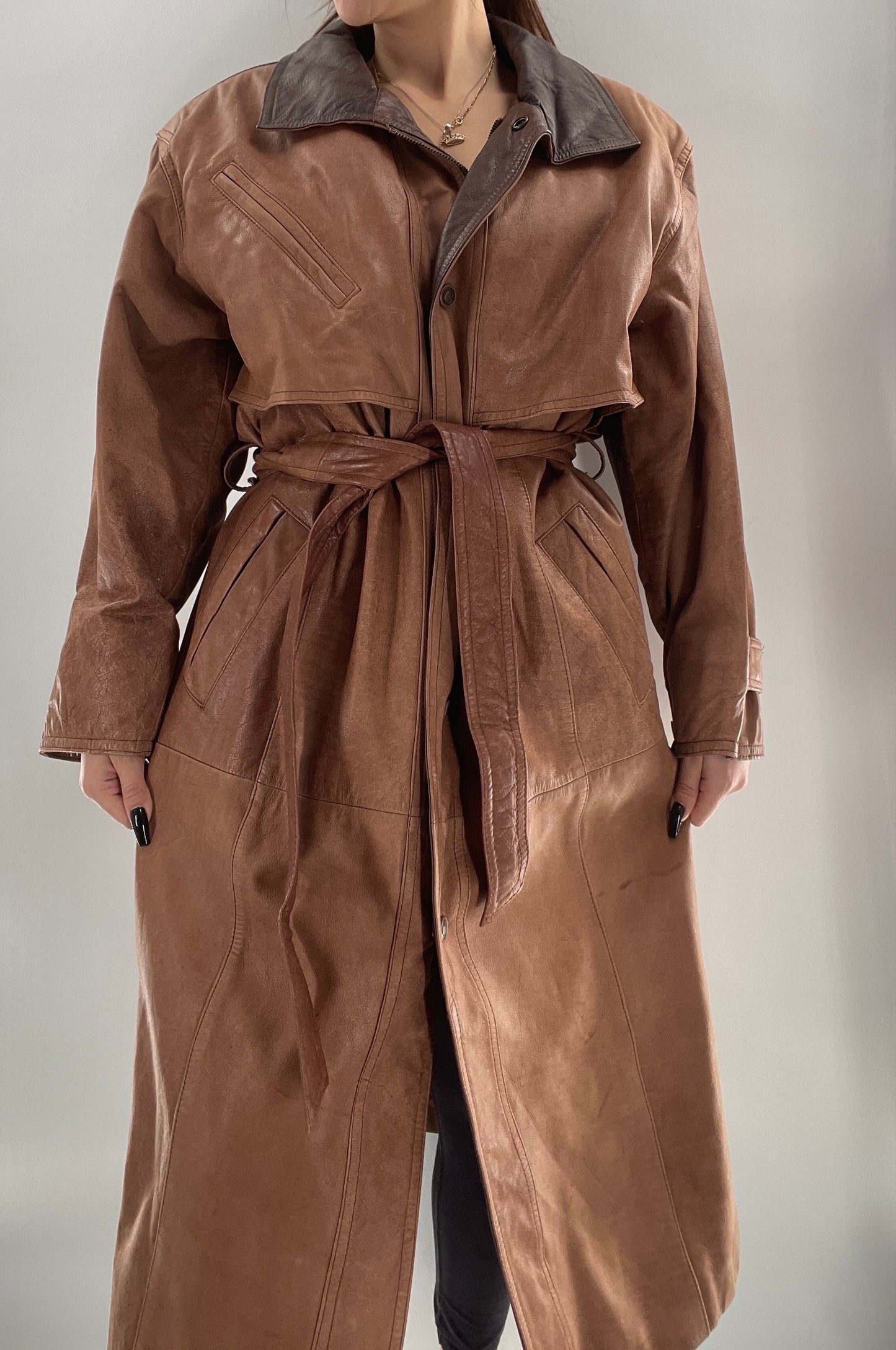 Adventure Bound By Wilsons Vintage Leather Trench Coat with Belt and Front Zipper and Removable Lining - Size M