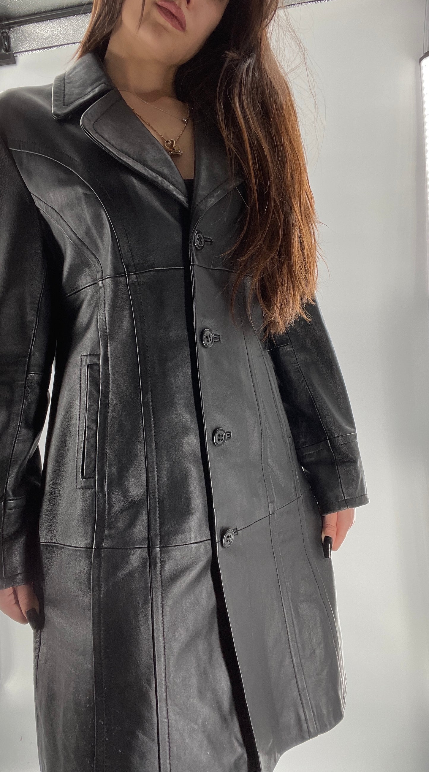 Vintage Black Leather Collared Midi Coat (Small)