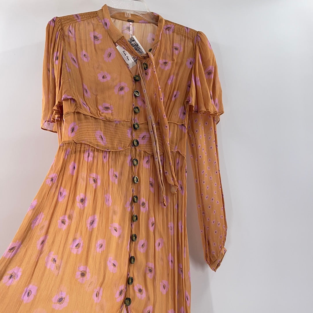 Free People Organza Mustard With Floral Long Sleeve Front Buttons Details Maxi Dress (Size M)