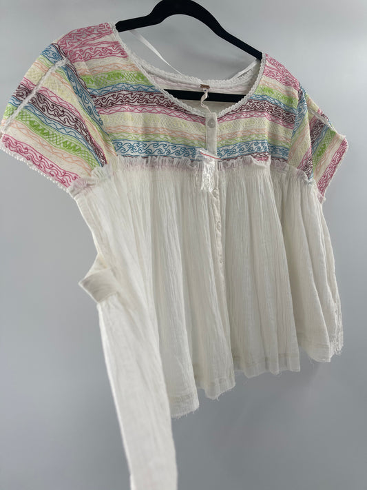 Free People White Embroidered Short Sleeve (S)
