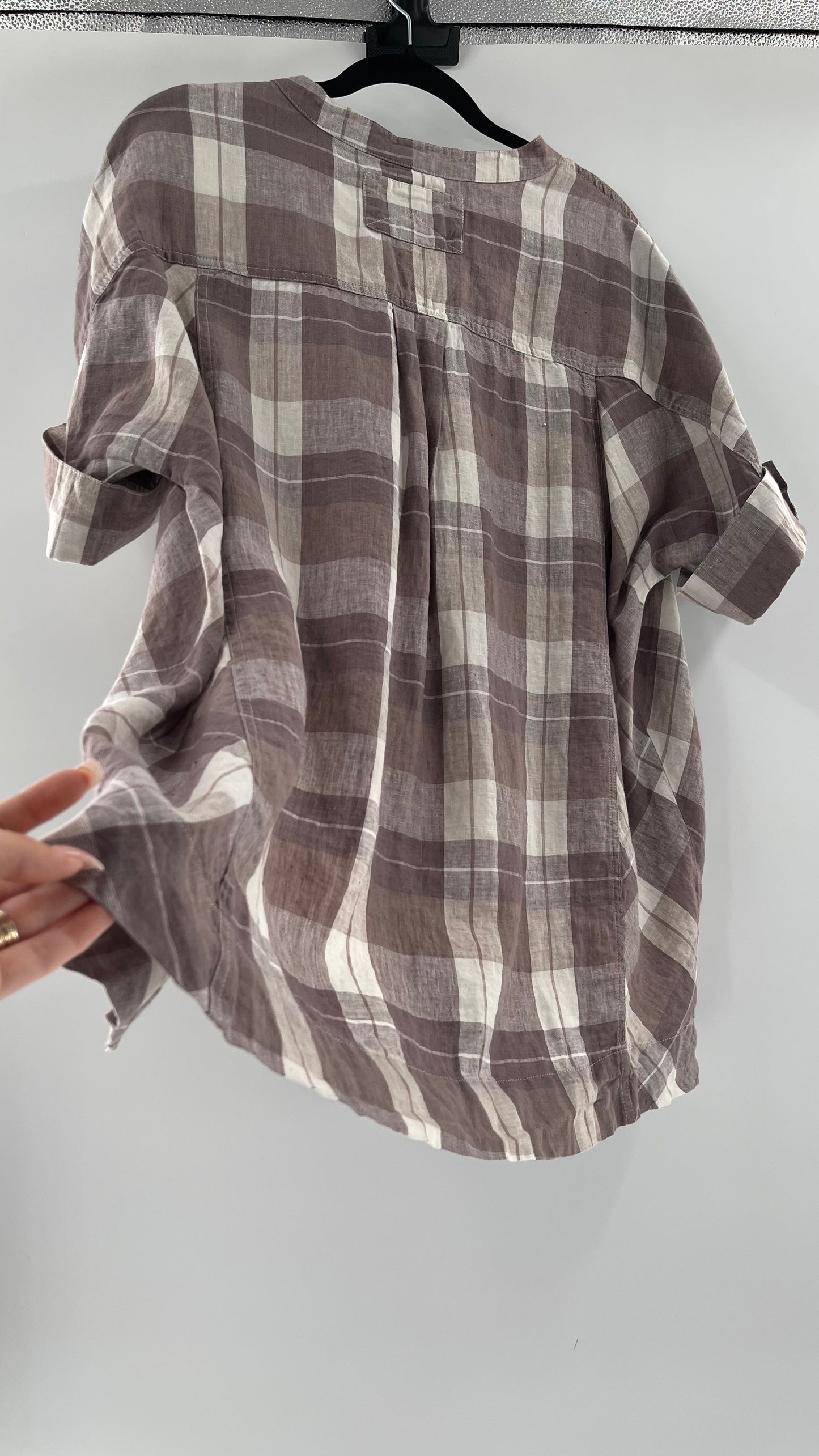 Free People 100% Linen Plaid Grey Short Sleeve (Small)