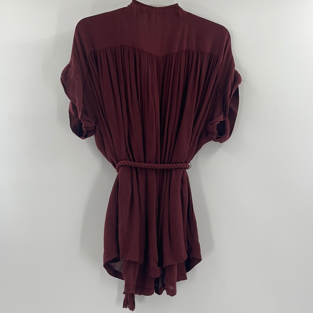 Free People Maroon Short Sleeve Romper with Rope Belt (Size S)