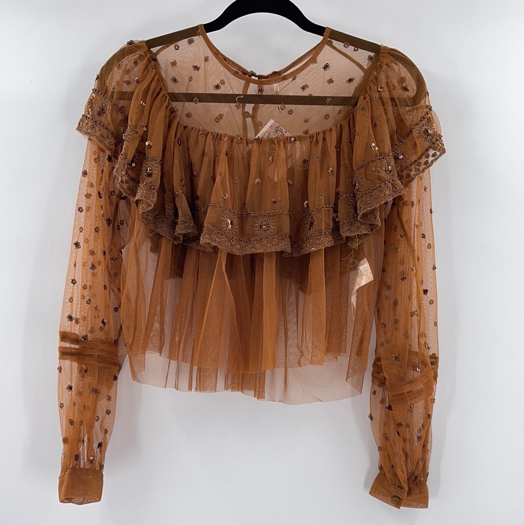 Free People Terracotta Embellished Mesh Top (XS)