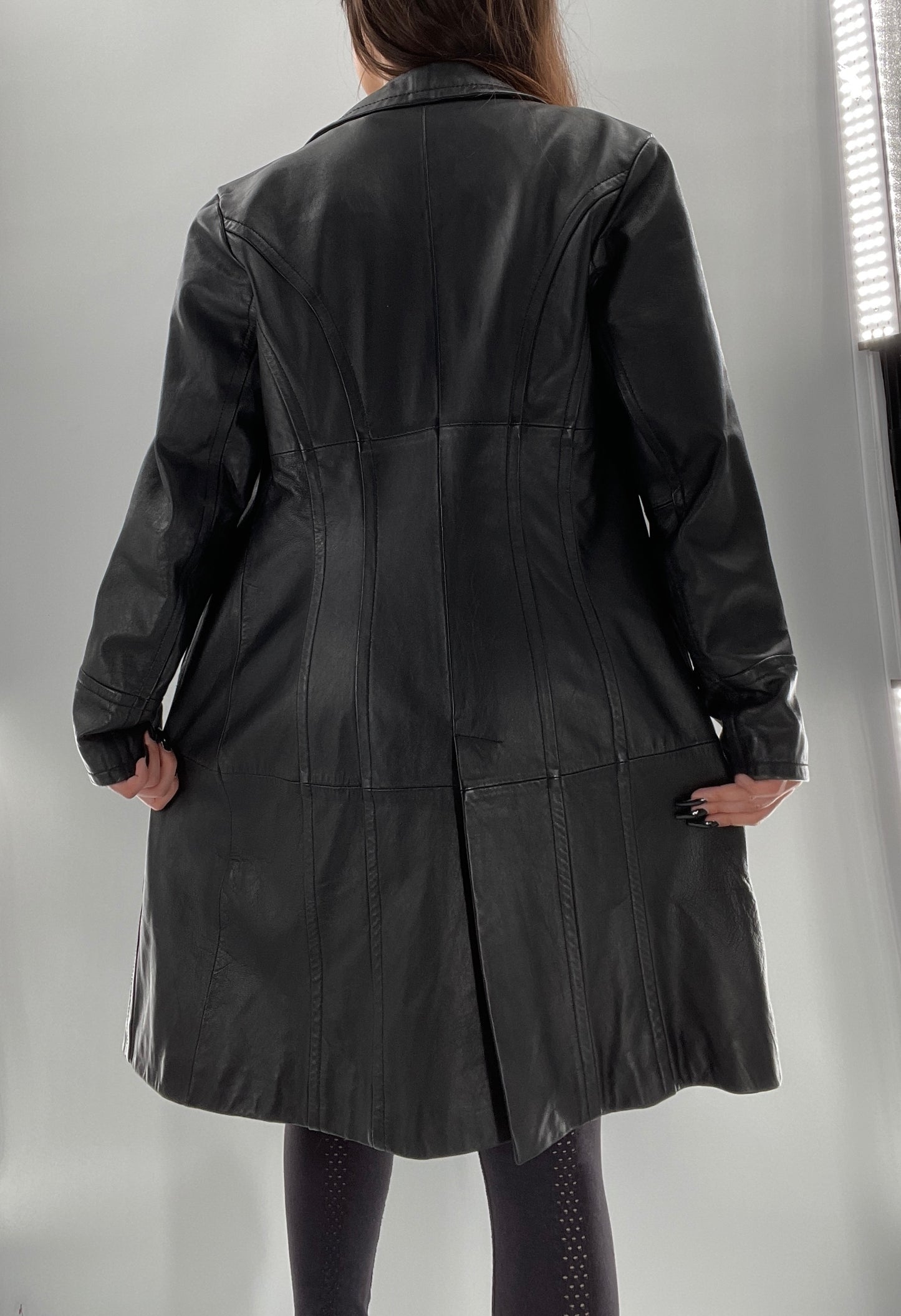 Vintage Black Leather Collared Midi Coat (Small)