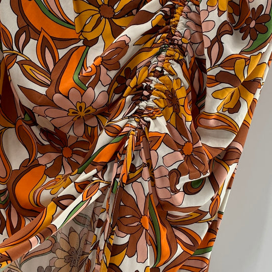 Brown / Orange Flower Cinched Side Split Skirt (Size 18)