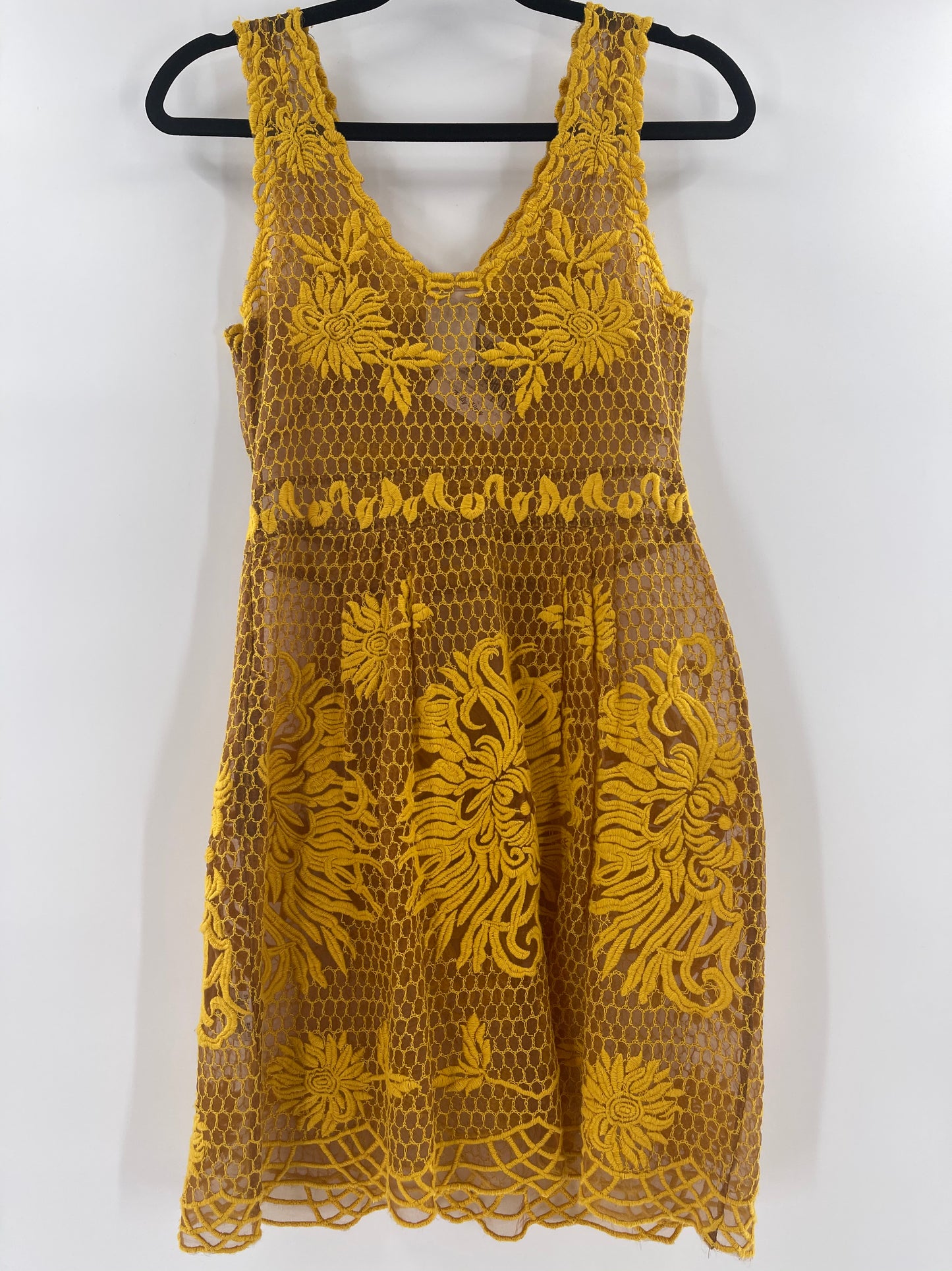 Golden Yellow Embroidered Overlay Dress (Sz4)