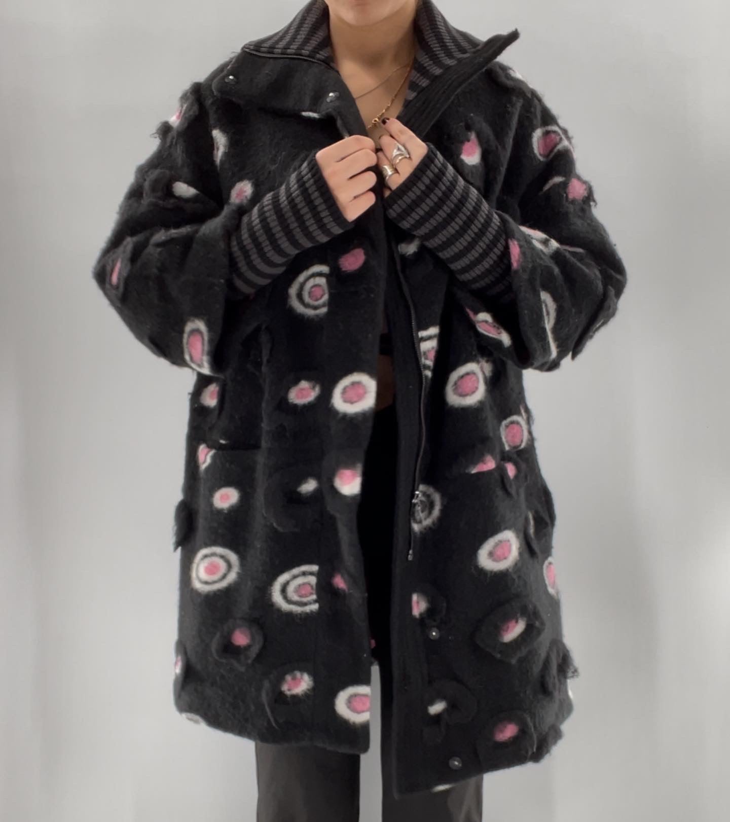 Rara Arvis Black + Pink Textured Circle Pattern Coat