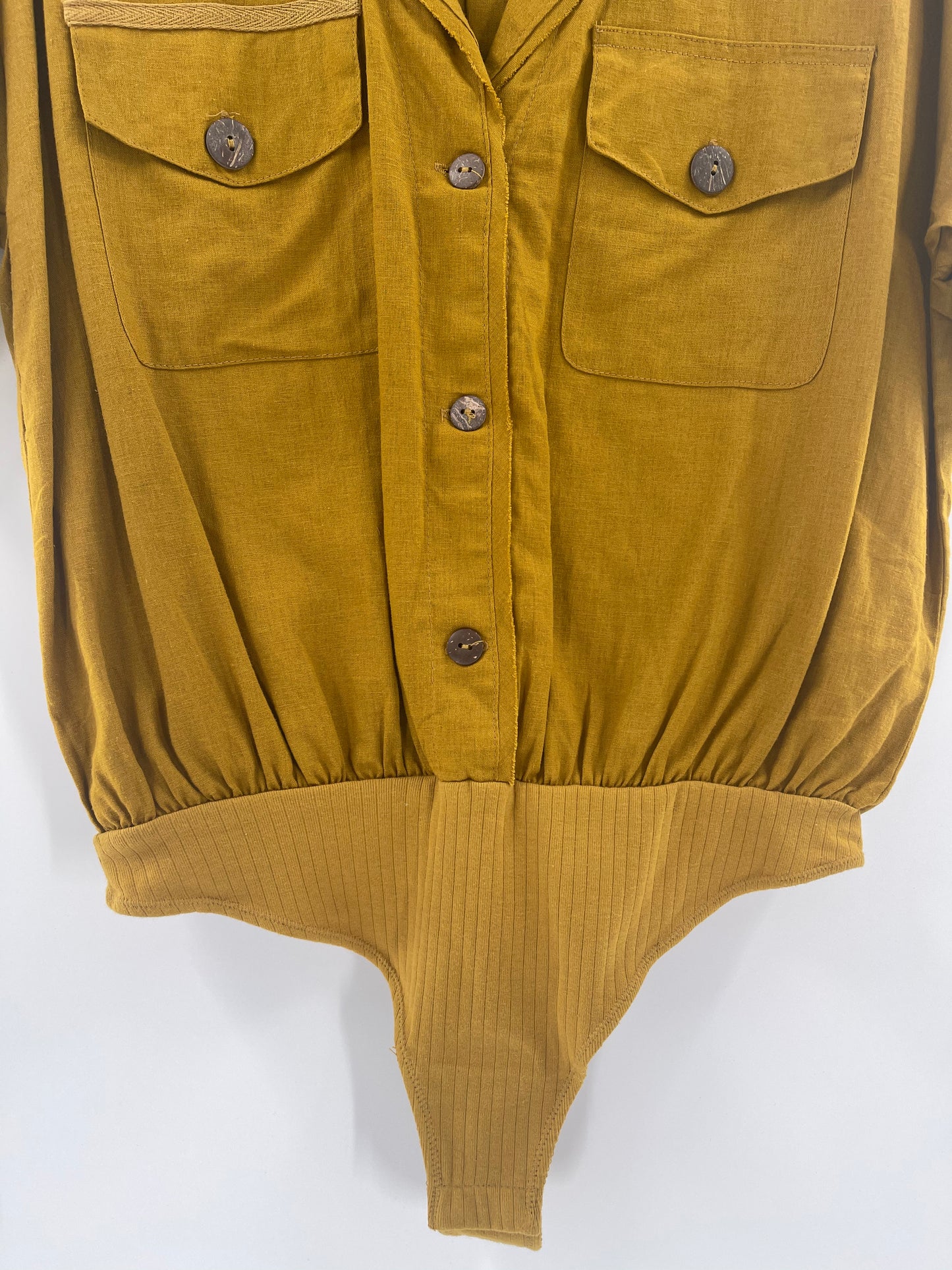 Intimately Free People Short Sleeve Mustard Yellow Bodysuit With Pockets and Wooden Buttons  (Size XS)