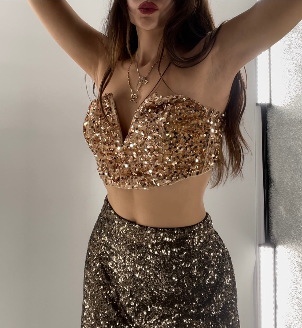 Urban Outfitters Gold Sequin Cropped Corset (Large)