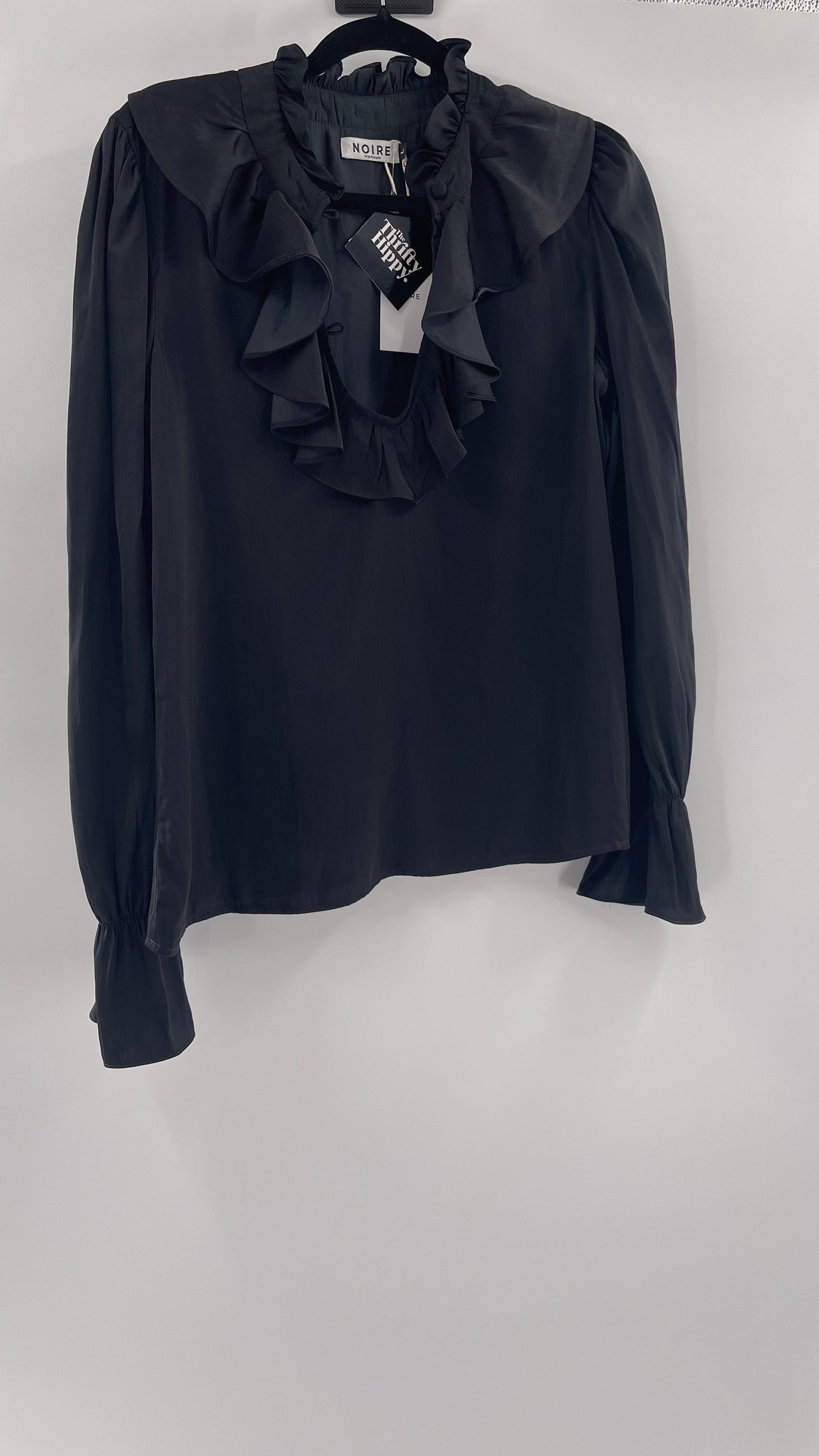 NOIRE Black Satin Ruffled Neckline Blouse (Large)