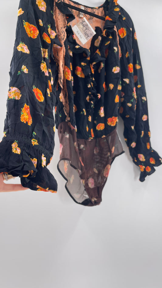 Intimately Free People Orange Floral Bodysuit (Small)