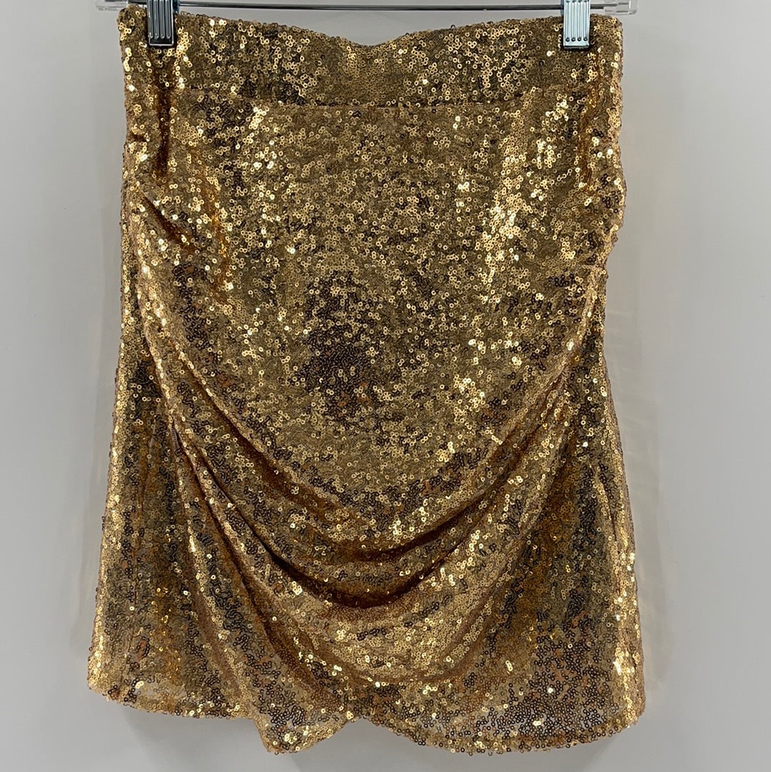 Free People Sparkly Gold Sequin Mini Skirt Ruched Side (Size Medium)