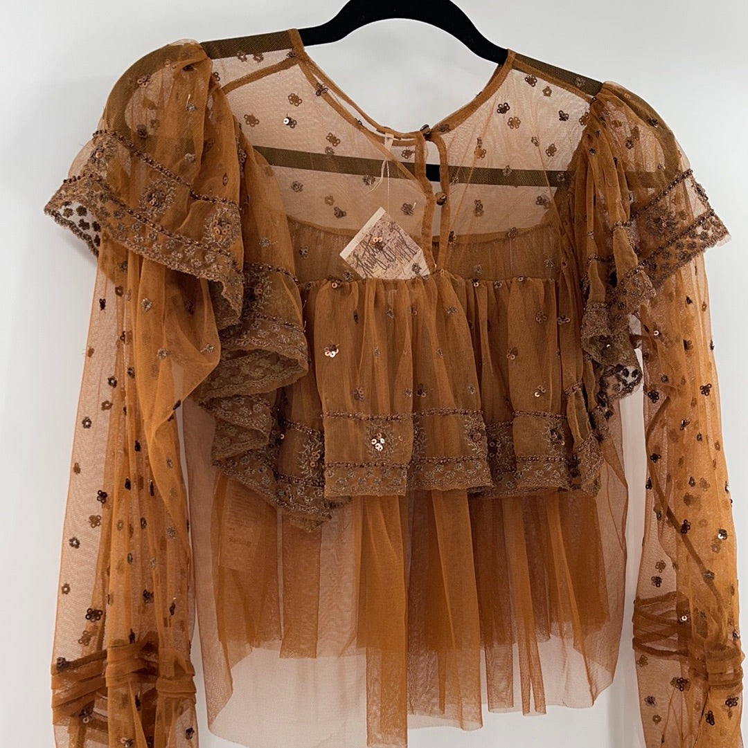 Free People Terracotta Embellished Mesh Top (XS)