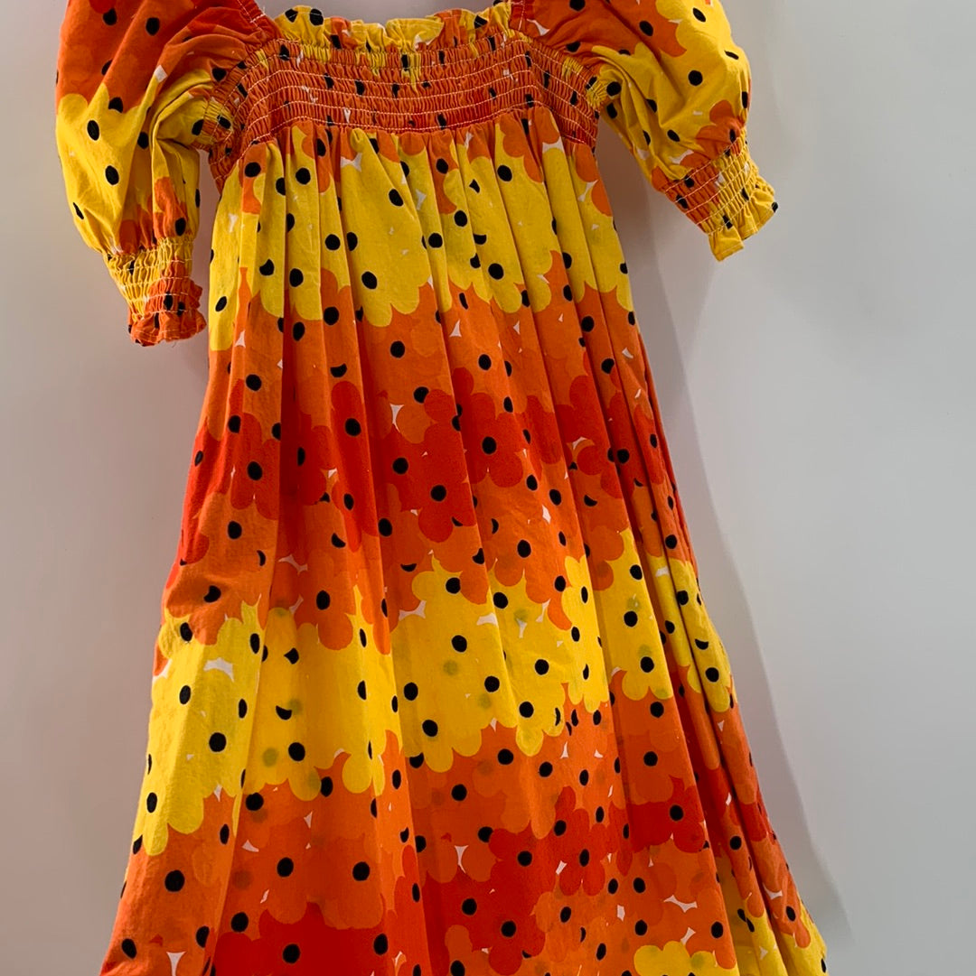 Urban Outfitters Flowered Yellow And Orange Print With Black Polka Dots Bubble Sleeves (Size XS)